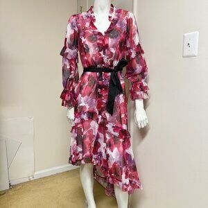 Marchesa Rosa Ruffle Detail High-Low Midi Dress